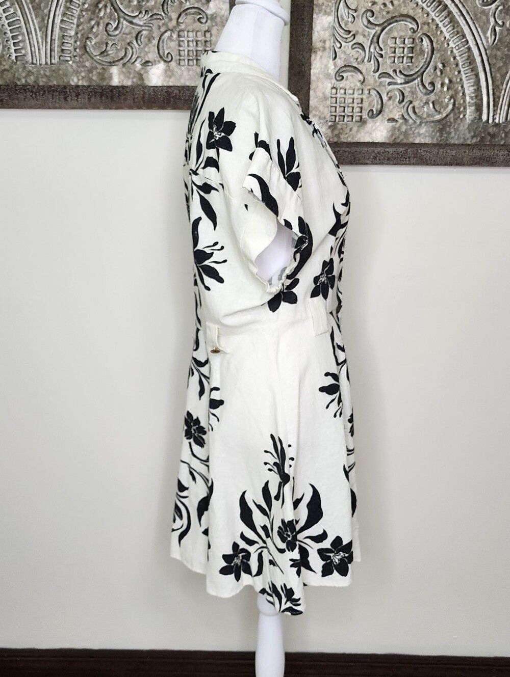 Zara Cream & Black Floral Linen Blend Button-Front Fit-and-Flare Dress Large - Picture 9 of 16
